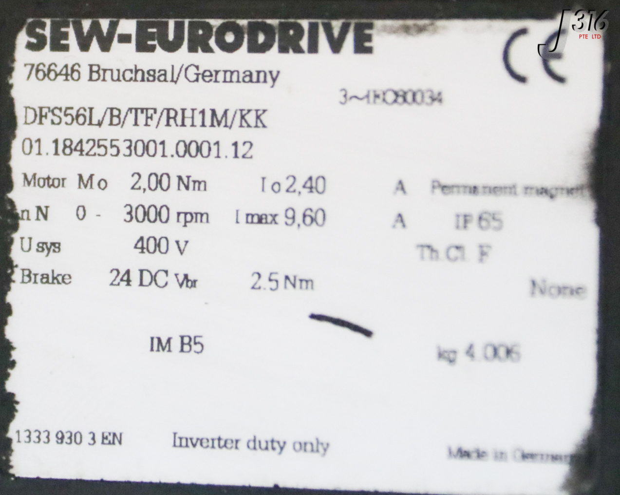 244様 31653 SEW-EURODRIVE SYNCHRONOUS SERVOMTR, 3000 RPM NEW FA47B DS56L